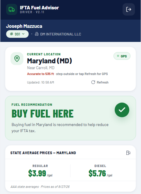 IFTA Fuel Advisor Live Interface showing GPS location and state average prices for Maryland